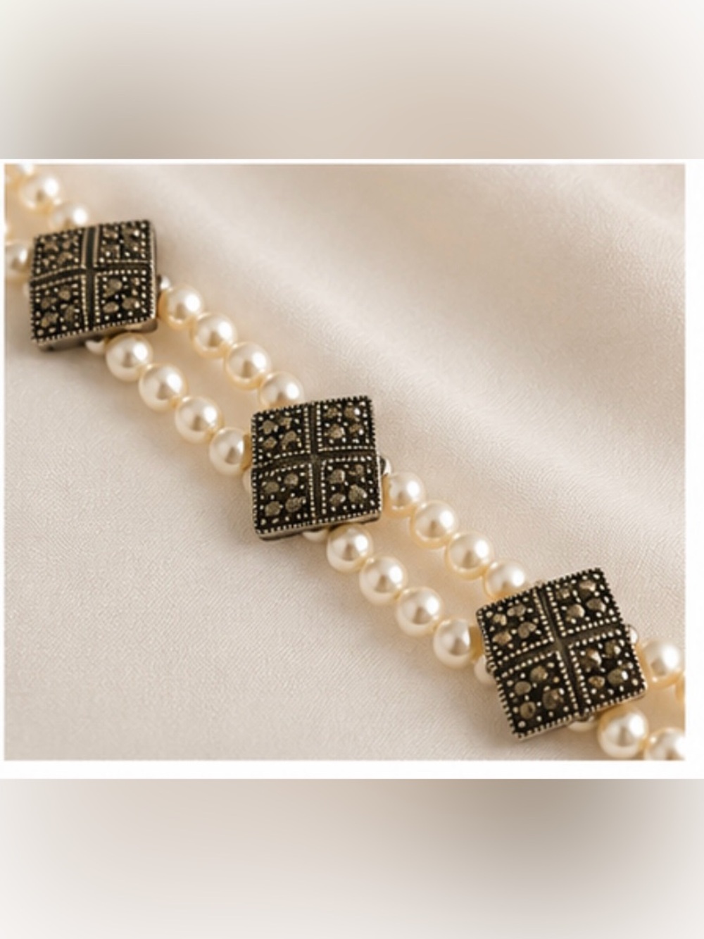 Vintage Double Strand Faux Pearl Choker Necklace with Marcasite Stations
